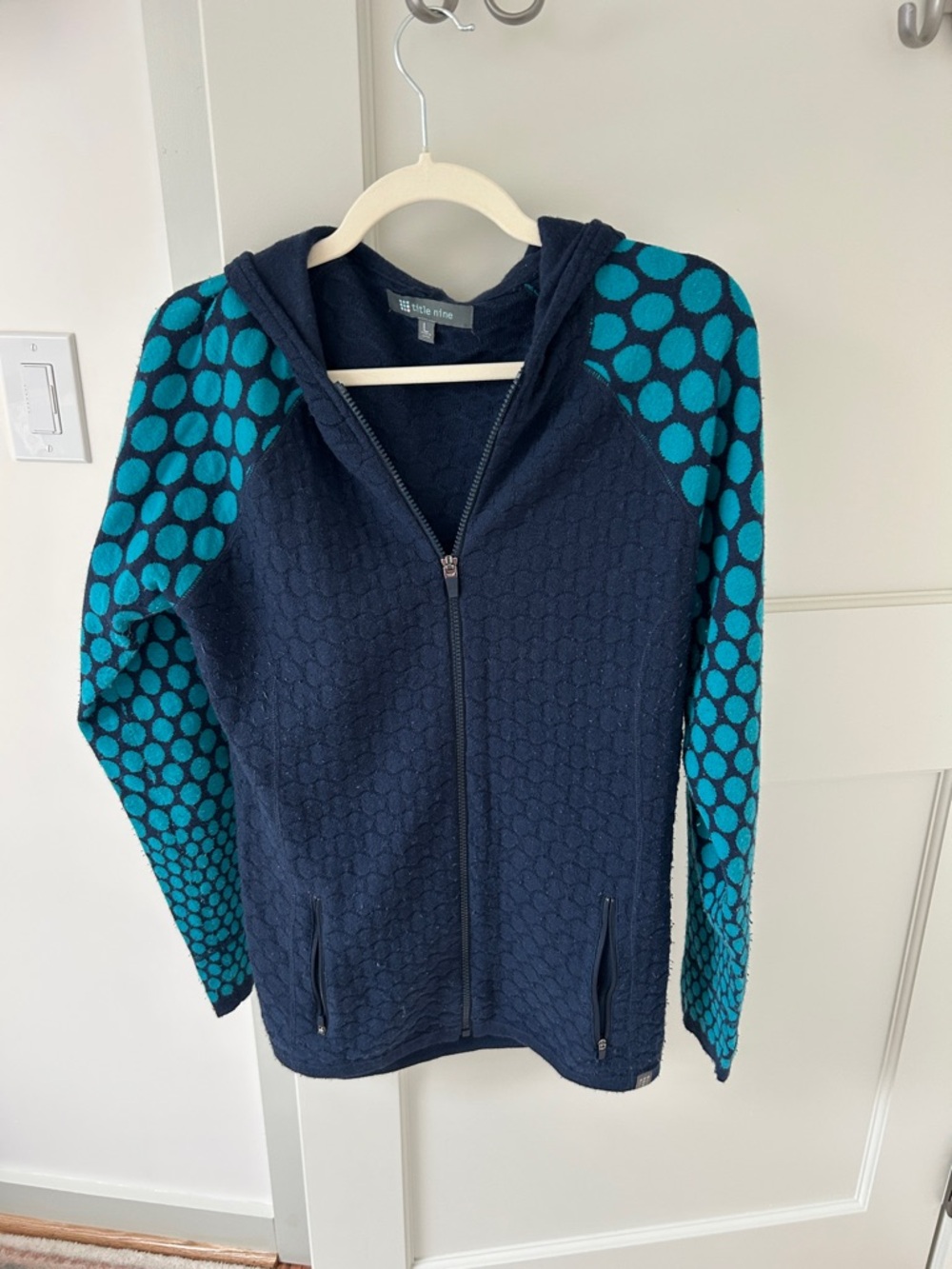 Title Nine Navy Hoodie Cardigan with Teal Dot Sleeves